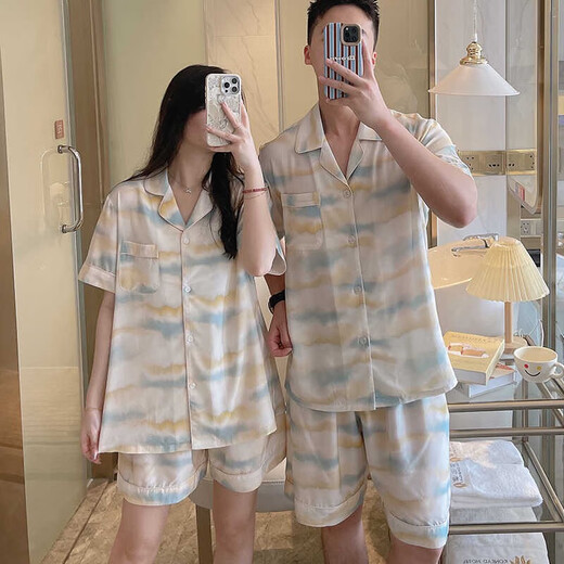Strickjackenpaar Pyjama für Frauen Sommerklimaanlage Kleidung für Männer Baumwolle Hauskleidung für Männer Baumwollseide Männer können kurzärmelige Baumwollanzug Dünn 9902 Krawatten-Dye Amber L tragen