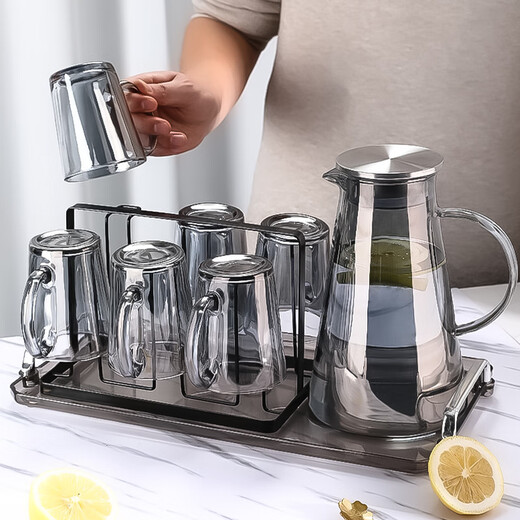 Fat Dongli glass water cup household complete set of living room tea cup set for entertaining guests drinking cup with handle high-value tea set graphite gray handle cup 6 pieces + black stand + kettle + ash tray