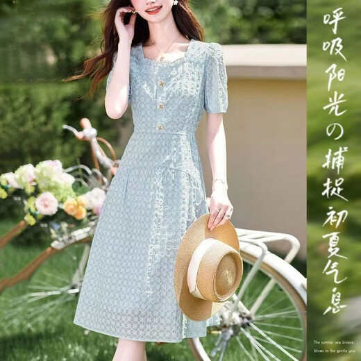 
Yu Zhaolin (YUZHAOLIN) [3271 people collect] 2025 summer new fashionable Korean version slim and versatile temperament versatile square collar lace blue 2XL
