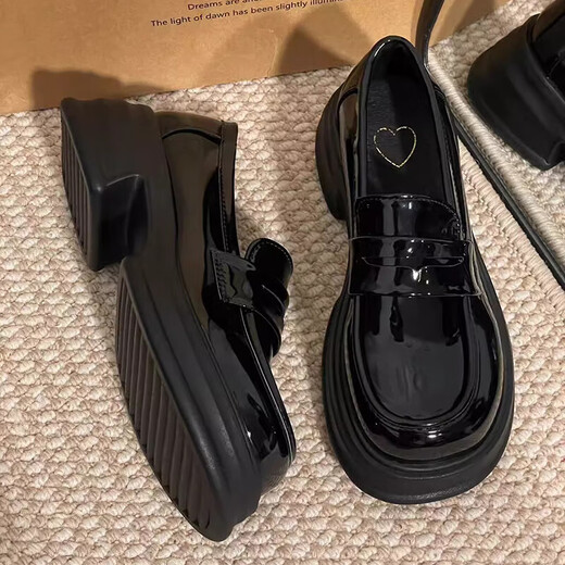 Lugeli loafers women's British style high-rise leather shoes 2025 new round toe versatile jk uniform thick sole college style single shoes loafers bright leather black 38