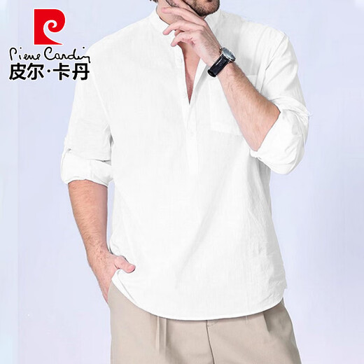 Pierre Cardin Spring and Summer New Henley Shirt Long Sleeve Men's Solid Color Cotton Beach Shirt Casual New Chinese Style Shirt Navy S