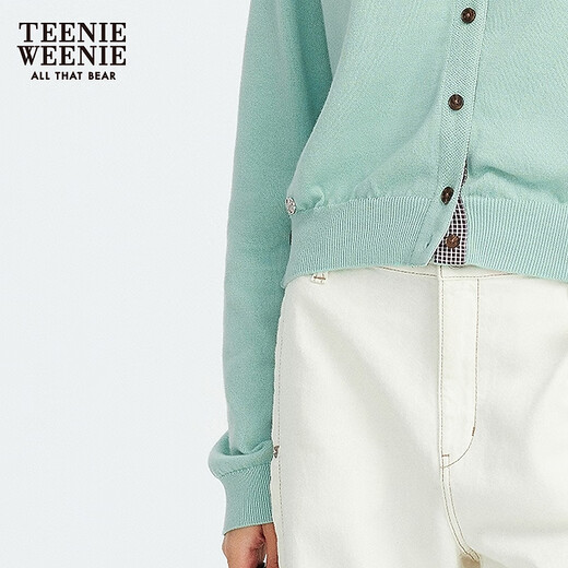 Teenie Weenie Bear Women's Wool Sweater 2025 Autumn New Simple Fashion Light Thin Round Neck Cardigan Mint S