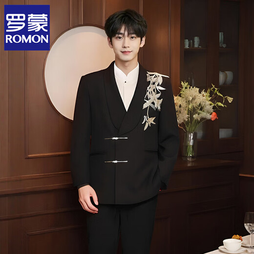 ROMON high-end new Chinese style suit men's Chinese style loose Tang suit suit groom wedding suit green fruit collar black two-piece suit jacket + pants L 149-164Jin Jin equals 0.5 kg