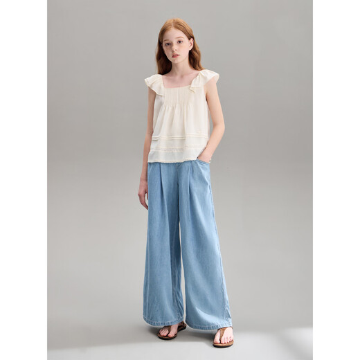 ELLE KIDS children's clothing lotus leaf small flying sleeve shirt girls summer new French resort style Lyocell shirt beige 165 (M)