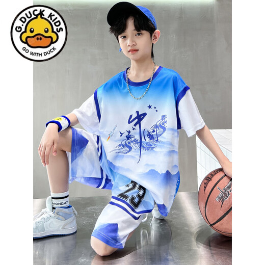 G. DUCKKIDS小黄鸭男童夏装球服套装洋气儿童夏季篮球服中大童运动短袖速干衣 DMG-9905-地球球服-蓝色 120 建议身高110cm