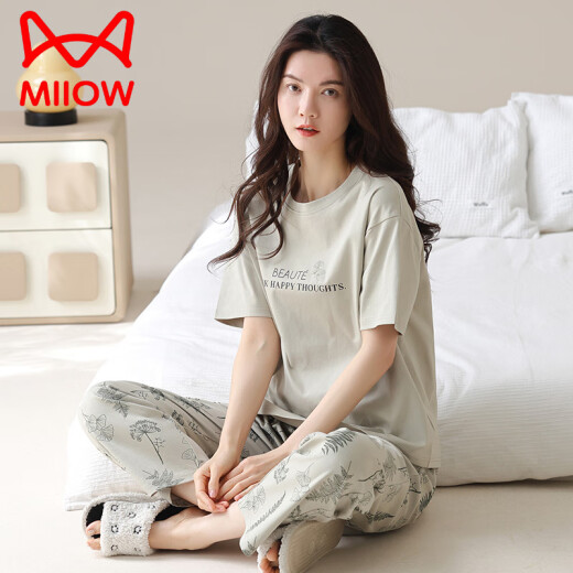 猫人（MiiOW）2025年新款睡衣女士夏季纯棉短袖长裤可外穿休闲品牌家居服套装 YZT9712 M 【建议80-100斤穿】