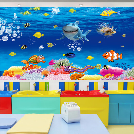 贴画3d立体粘贴画海底世界3d墙贴母婴游泳馆背景墙自粘贴画壁画儿 QT-3524 超小：宽90cm*高60cm(整张)
