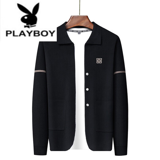 花花公子（PLAYBOY）/秋冬季潮流青年男士翻领毛衣外套宽松刺绣羊毛针织开衫 mj8199卡其 175/XL135-155斤