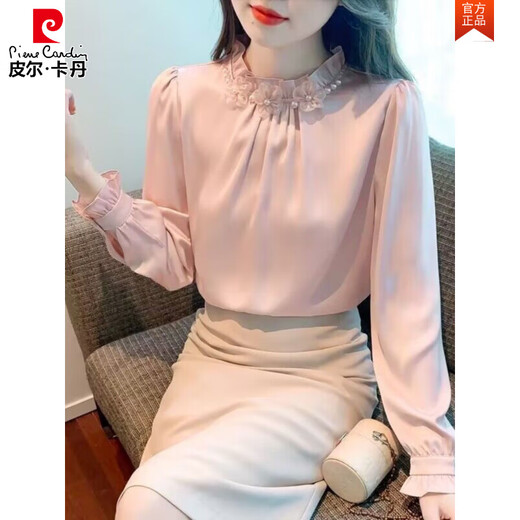 Pierre Cardin temperament stand collar beading spring and autumn 2025 new French long-sleeved chiffon shirt women's shirt age-reducing chic and beautiful shirt apricot L Recommendation 100Jin Jin is equal to 0.5kg -115Jin Jin is equal to 0.5kg