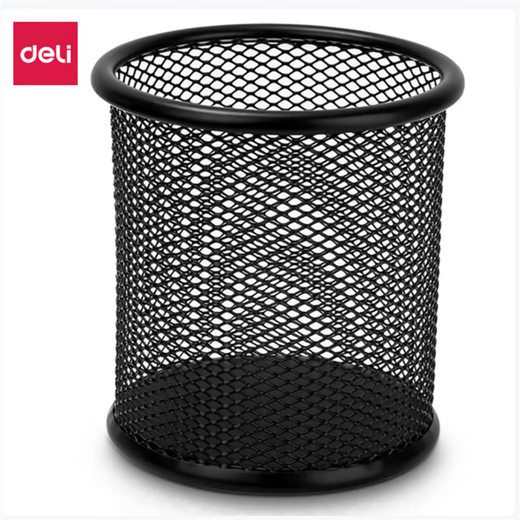 Deli Metal Round Mesh Pen Holder Desktop Storage Box Pen Holder Black 9172 5 Pack