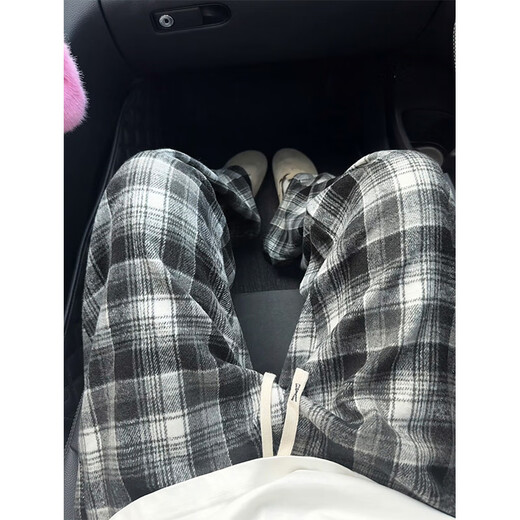 CLOR autumn and winter plaid casual pants men's American fashion brand loose retro contrast color versatile straight pants CL87 black plaid 2XL