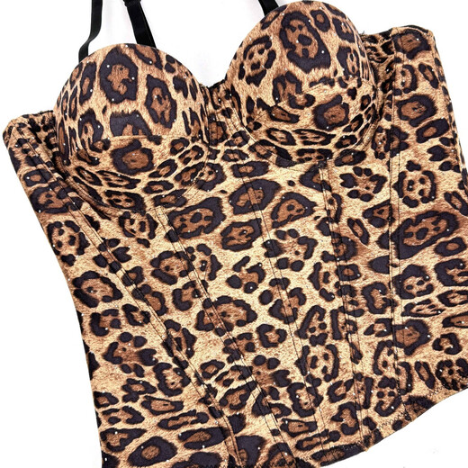 Shiyusen European and American golden brown leopard print suede short vest suspender can be worn outside and can be worn elastically gathered fishbone plastic brown 34B/75 one size fits all