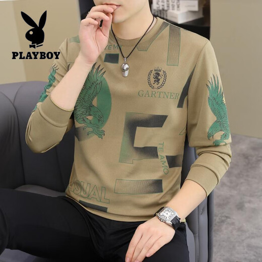 花花公子（PLAYBOY）2025春秋新款男士长袖T恤小衫个性欧货卫衣打底衫加大码男装上衣 【春秋】6628白色 薄款 M 90-115斤