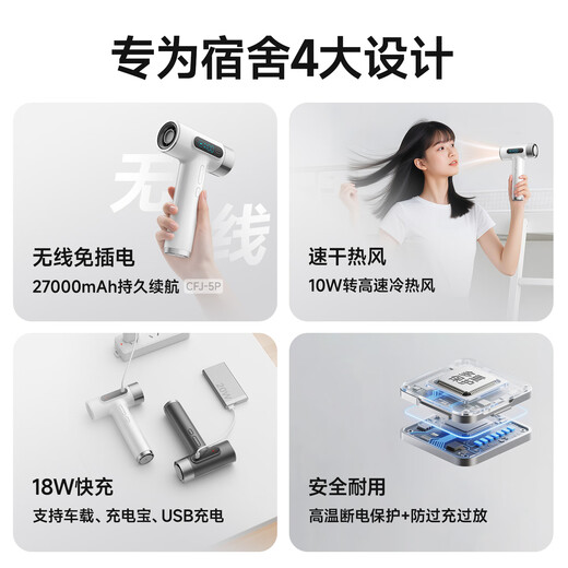 VVU&CCO rechargeable wireless hair dryer hair dryer student dormitory hot and cold hair drying portable type-c rechargeable high-speed hair dryer art joint examination pearl white top configuration 27000 battery cells/100 gears/unplugged electric hot air