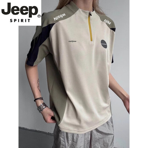 JEEP SPIRIT half-zip contrast stitching jersey short-sleeved men's summer cool quick-drying t-shirt sun protection feather sports cycling jersey white L