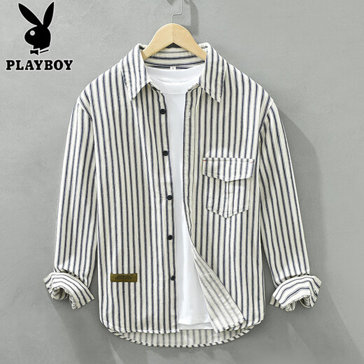 花花公子（PLAYBOY）长袖条纹衬衫男生休闲纯棉衬衣春秋季新款潮流时尚青少年牛仔外套 6625白色 XL
