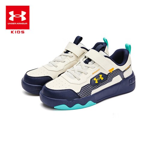 Under Armor children's shoes, men's and women's sneakers, autumn and winter leather warm cushioning, medium and large children's outdoor casual sports shoes, off-white/blue 37.5