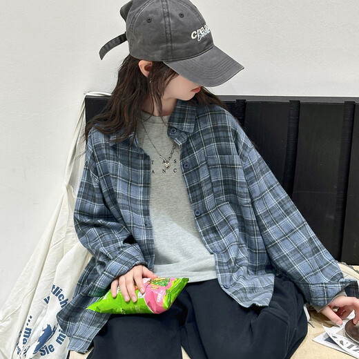 THINKPIRE Girls' Shirt Long Sleeve Children's Plaid Shirt Jacket 2026 New Girls Spring Clothes Fashionable Children's Clothes Thin Top Blue Size 150 Recommended Height 145CM