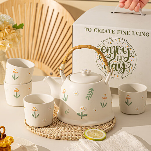 Meidu ceramic water set mug afternoon tea living room flower teapot teacup set housewarming wedding gift box small daisy flower tea set one pot four cups