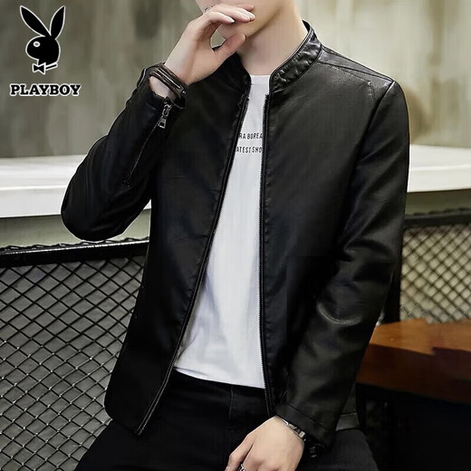 花花公子（PLAYBOY）外套男皮衣男士夹克春秋季新款立领中青年皮夹克韩版潮流帅气 yunhubao-8802黑色(常规款) XL (120斤-135斤)
