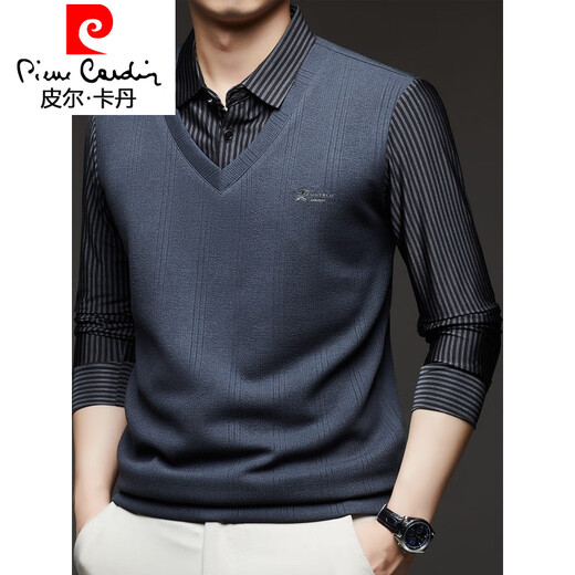 Pierre Cardin gefälschte zweiteilige langärmelige T-Shirt für Männer 2025 Herbst Neuer Trend Top Business Casual Base Shirt Z9758 Grau One Size 120 [141-160]