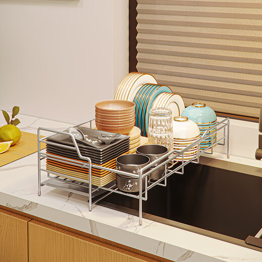 Jijian Space Kitchen Bowl Rack Drain Rack Countertop Multi-functional Pool Place Chopsticks Water Cup Storage Rack Tableware Bowl Dish Storage Rack M688 Large Double-Layer Silver Gray 58CM Full Set of Pendants