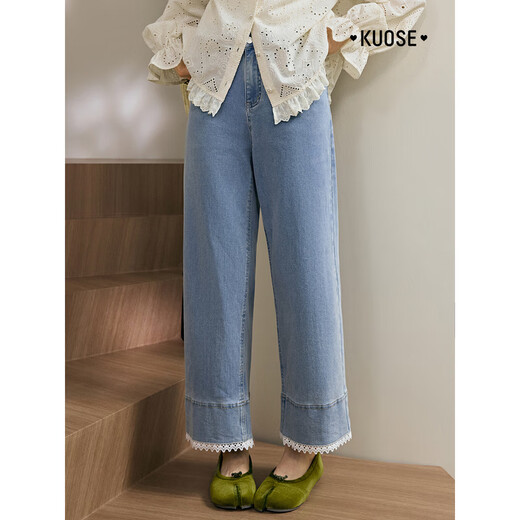 Spitze Spitze Spitze hellblaue Jeans für Frauen 2025 Sommer neu neun Punkte geradewegs mit weitem langen Hosen Herbst Hellblau L /L