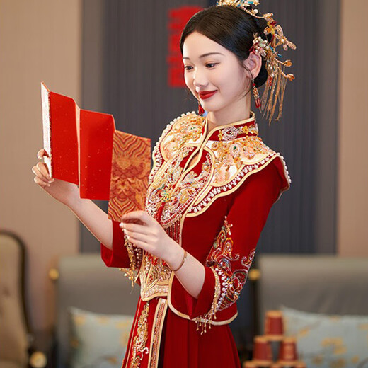 XIUHE Shijia Flaghship oficial Xiuhe ropa de boda Ropa de boda Bride 2025 NUEVA Ropa de tostada Vestido de boda Wedding Wedding Wedding Vestido chino Dragón N-323 Industria pesada Estilo de terciopelo Spot 2xl