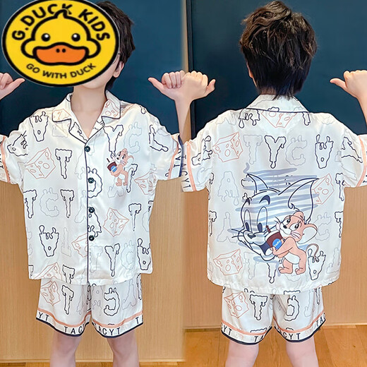 G.duckkids leche dragón dragón seda de seda fría pijama de verano mediano y niño grande delgada de manga corta