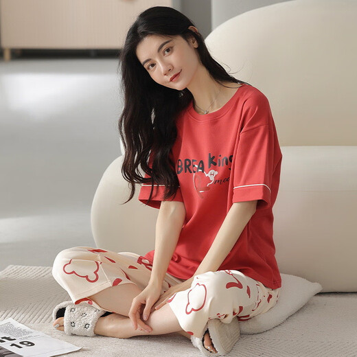 UKUHPK cotton pajamas for women in summer short-sleeved cropped pants sports style loose and casual can be worn outside spring home clothing suit T-9856 (short suit) M (80-100Jin [Jin equals 0.5 kg])