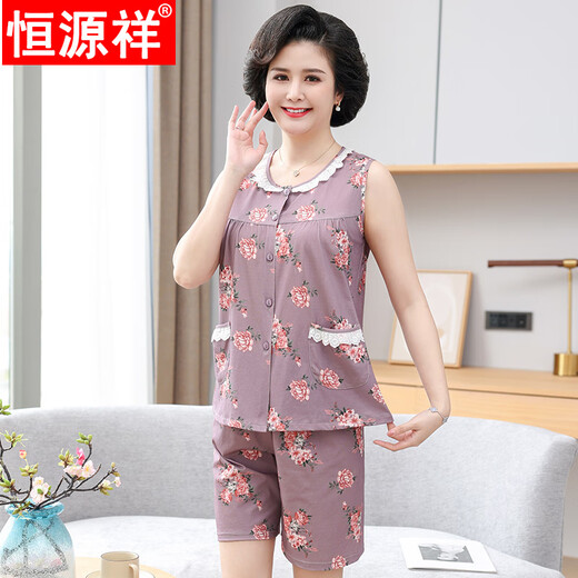Hengyuanxiang summer new pure cotton pajamas women's sleeveless vest shorts cardigan suit middle-aged and elderly mothers simple home clothes 9720# cardigan M