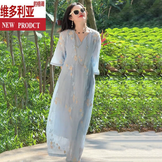 维多利亚的格调度假风气质重工刺绣棉麻连衣裙女2025夏季新款宽松显瘦优雅中长裙 浅蓝色 S 建议105斤以内