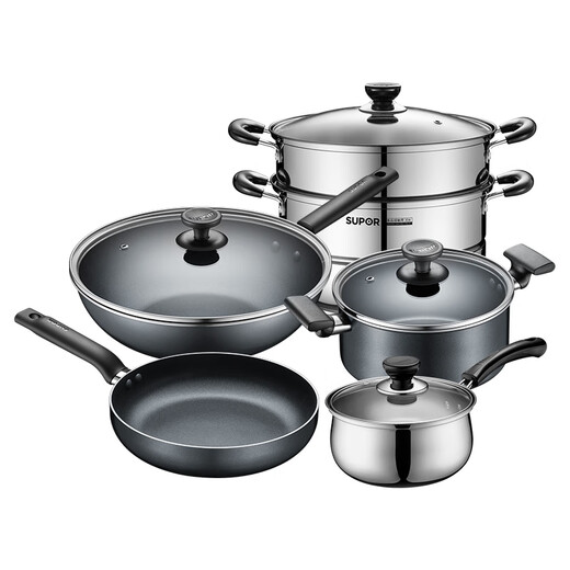 SUPOR non-stick cookware set, cooking pot, wok, frying pan, soup pot, three-piece set, household oil-free smoke kitchenware set, five-piece set - stir-fry + fry + steam + soup + milk pot, free soup spoon