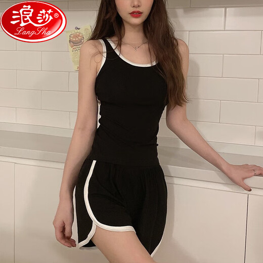 Langsha with breast pad summer pajamas for women Spring and Autumn 2025 new sexy suspender sports vest home clothing set 12035 black L [recommended 100-120Jin [Jin equals 0.5 kg] wear