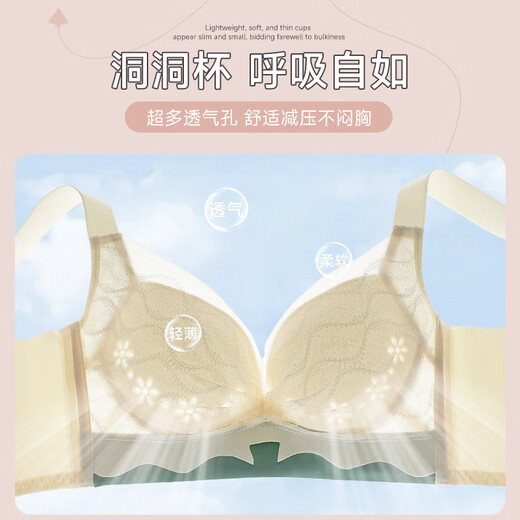 莫代尔内衣女士大胸显小聚拢无钢圈透气侧收副乳夏季薄款性感蕾丝文胸罩 银灰色+香槟白 S 34/75BC