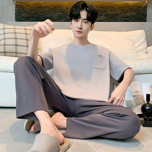 Banana Cotton Pyjamas für Männer im Sommer kurzärmelige Hose 2025 Neu einfaches Feste farbige Jungen-Sensing-Heimkleidung Set 13077 Herren-L-Männerstil