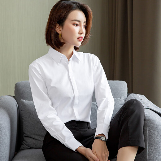 LA海澜之家（HLA）同款）春季女士长袖衬衫韩版修身暗门襟白色衬衣 15604蓝色斜纹V领 39