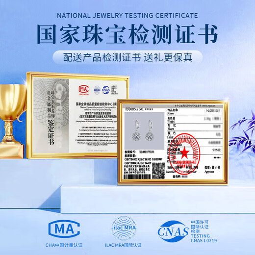 Lao Fengxiang Light Luxury Sterling Silver Moissanite Diamond Earrings Women's Earrings Earrings Pendant Jewelry Practical Birthday Gifts for Girlfriends Earrings + Sugar Cube Necklace Two-piece Set* Brand Gift Box