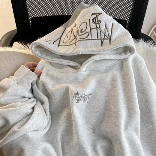 字母刺绣连帽卫衣男秋季重磅立挺高街美式上衣宽松百搭潮流衣服男 白灰色 L 建议100-120斤