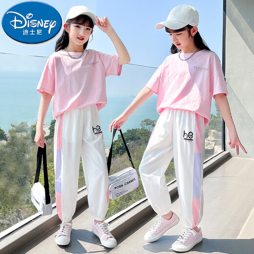 迪士尼（Disney）女童运动套装2025新款洋气时髦短袖儿童休闲夏季大童夏装女孩衣服 18209渐变9889白色 150 cm