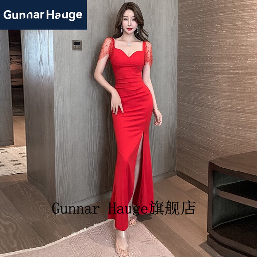 Gunnar Hauge性感礼服性感洋装低胸气质晚礼服长版足浴桑拿技师沐足工作服 3883黑色 M 建议95-105斤
