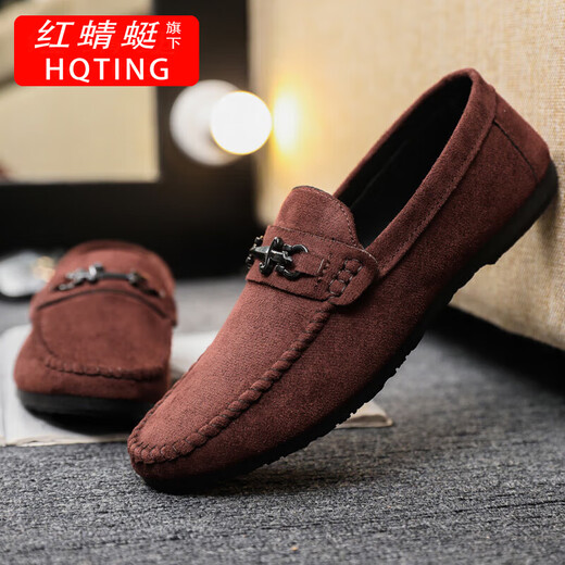 
HQTING Red Dragonfly's black 2025 leather comfortable men's one-foot Doudou Loafers leather shoes business flat sole single D881BU brown 40