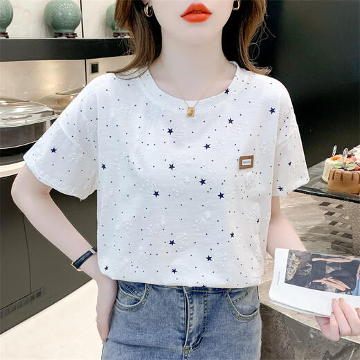 Avec Pure Yishion T-shirt imprimé en coton pur pour les femmes à manches courtes pour femmes T-shirt polyvalent T-shirt Top Tend 1396 # White S Convient pour 80-99jin [Jin est égal à 0,5 kg]