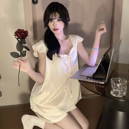 Xiwangchun fengfei feifei ärmepyjamas für Frauen mit Brustpolst 2025 Neue sexy Weste Set Sommer Dünne Heimkleidung 9227xi Feste Farbe Bogen Aprikotte Fixe Brustpolster L. L.