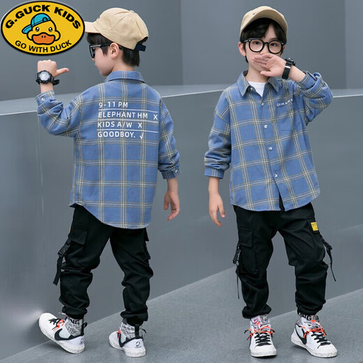 G.duck children's clothing boys' shirt spring and autumn children's shirt long-sleeved cotton 2026 new medium and large children's plaid casual jacket orange double label shirt 110 size (suitable for height around 100cm)