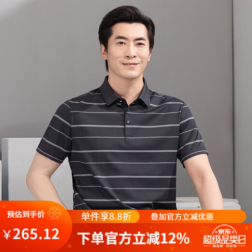 红都夏季新款男士短袖T恤商务休闲翻领簿款条纹微弹中年半袖t恤衫 灰色TA9226-1 M (170/88A)