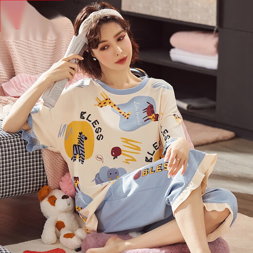 Super Fat Plus Women's 260 Jin [Jin ist gleich 0,5 kg] Heimkleidung Pyjamas Special Summer Cotton Kurzärmel 7 Minuten dunkelblau B9923 m (80-100 Jin [Jin entspricht 0,5 kg]))