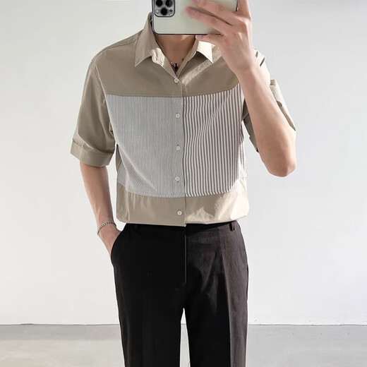 Scarecrow (MEXICAN) summer ice silk cool cotton and linen light luxury style Henry collar short shirt trendy men's stripes white L (110-130Jin Jin equals 0.5 kg)