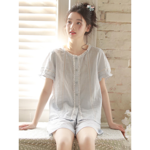 浪莎（LangSha）2025年新款夏季女士睡衣短袖短裤法式纱布大码家居服可外穿套装 3892粉紫色 L (建议110-125斤左右)