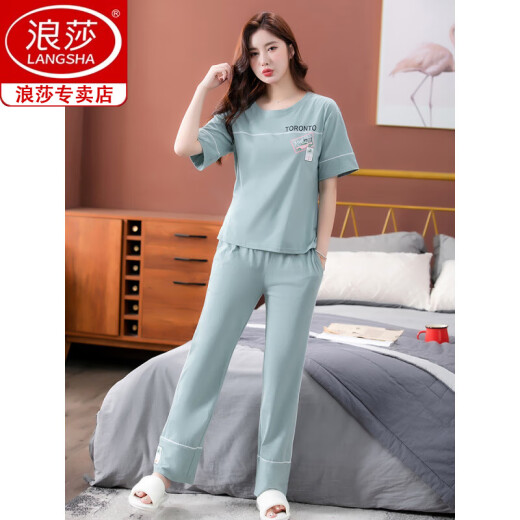 浪莎纯棉睡衣女夏季2025年新款短袖长裤家居服套装可外穿薄款全棉套装 7374豆绿 M 80-100斤